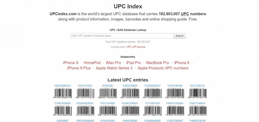 Giao diện của UPC Index - website tra cứu mã UPC